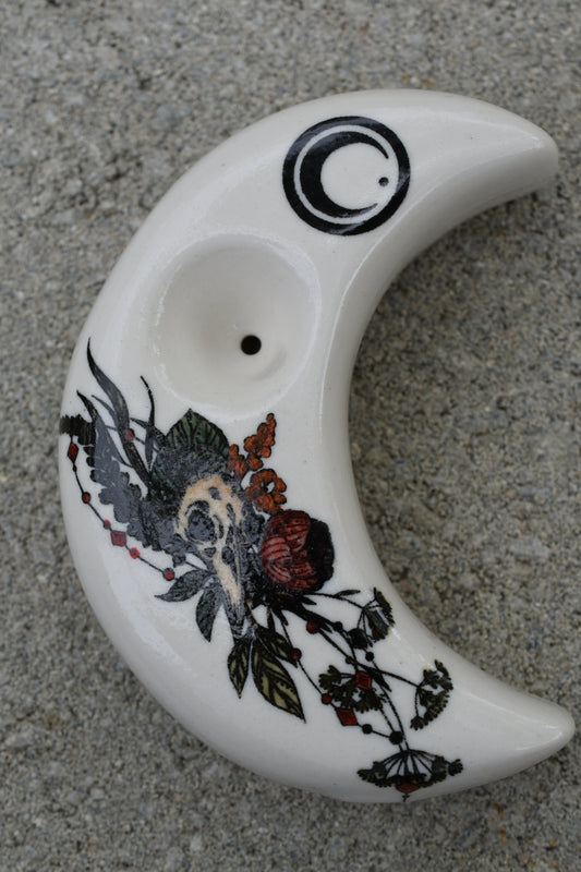 Bird Skull Moon, Flowers, Ritual, Unique Pipe