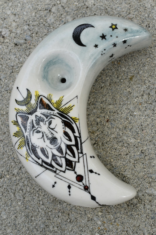 Wolf Spirit, Moon and Stars, Moon Shaped, Unique Pipe